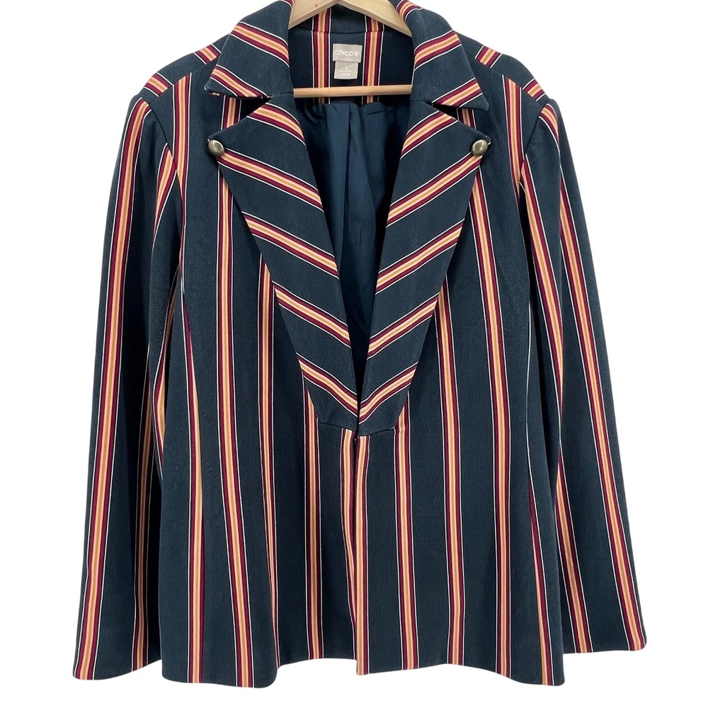 Chicos Striped Blazer Navy Red Gold Size 3 US 16 Single Button Stretch Jacket